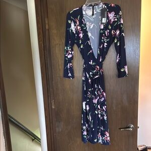 Renee C. Blue Long Sleeve Wrap Dress with Plunge Neckline